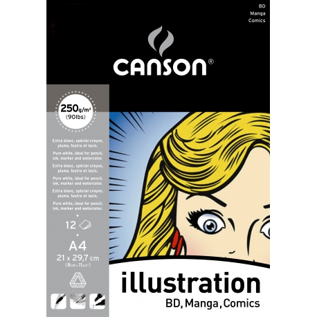 Bloc 12 feuilles collé 1 côté Illustration Canson® BD blanc 250g