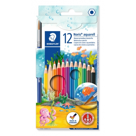 Noris® aquarell 144 10 - Etui carton 12 crayons de couleur aquarellables assortis + 1 pinceau