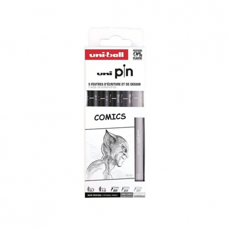 UNI PIN - Pochette de 5 feutres techniques thème COMICS : Brush (noir, gris foncé, gris clair) et pointes calibrées 0.1 et 0.7