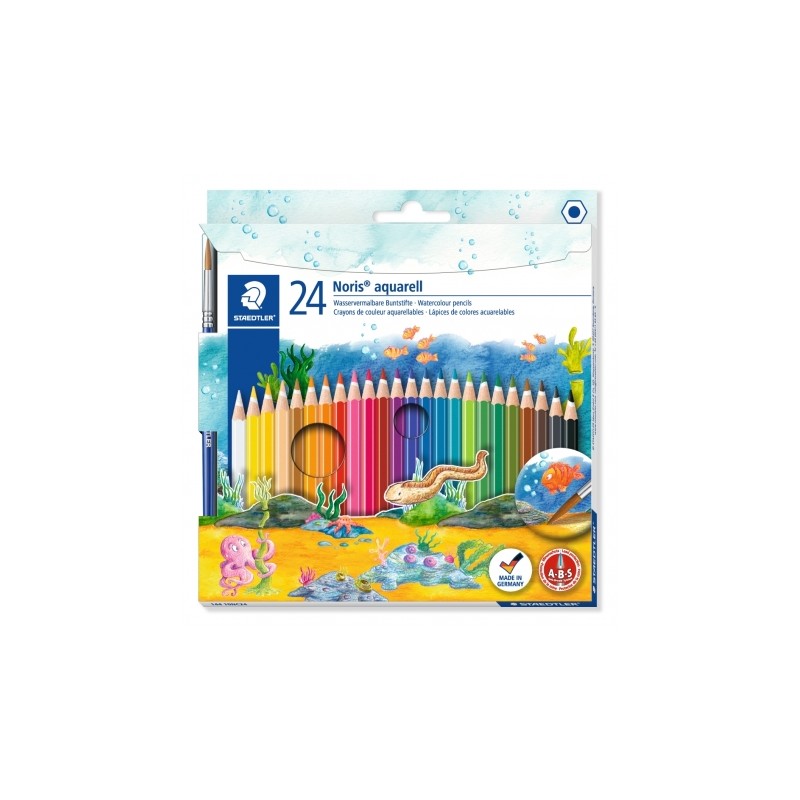Noris® aquarell 144 10 - Etui carton 24 crayons de couleur aquarellables assortis + 1 pinceau